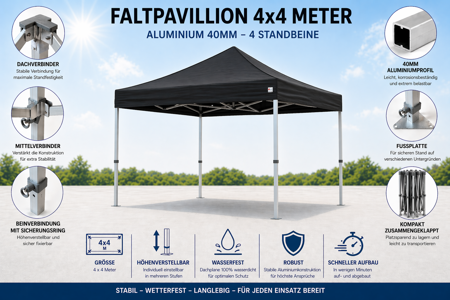 B-OT Pavillion Profiline 40mm 4x4 Meter (Inkl. Gestell und Dach)